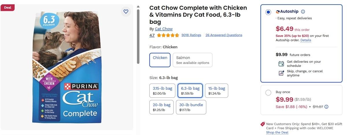 Chewy product page showing autoship subscription upselling with savings and convenience benefits for pet food delivery automation